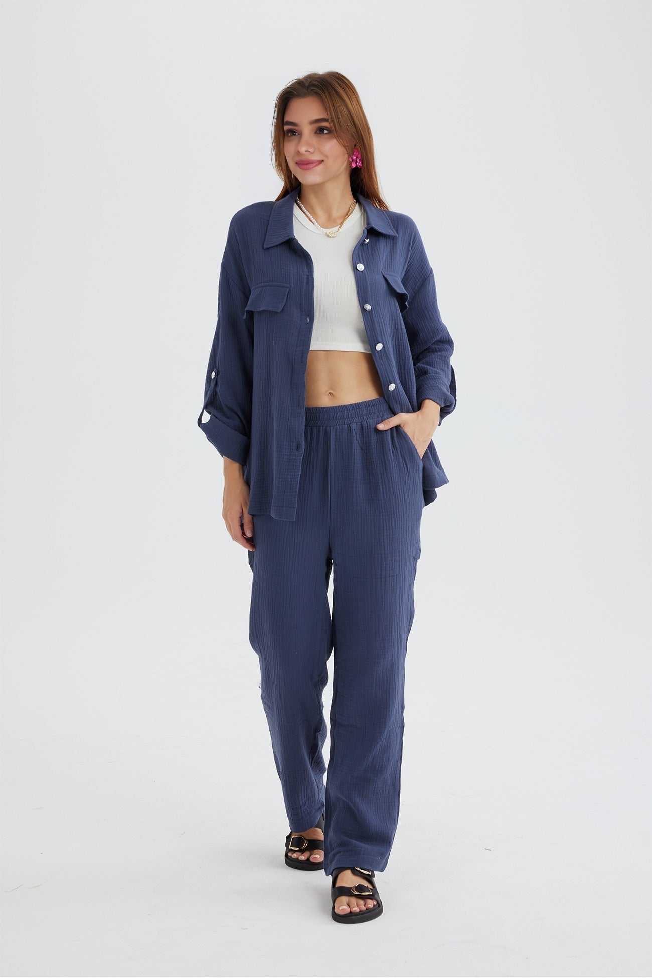 Long Sleeve Pocketed Slit Shirt Long Pants Suits