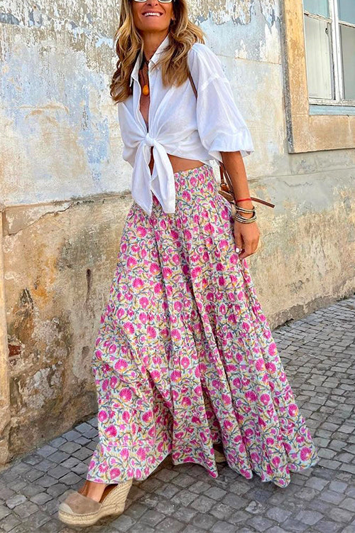 Frilled Elastic Waist Bohemia Maxi Flowy Skirt