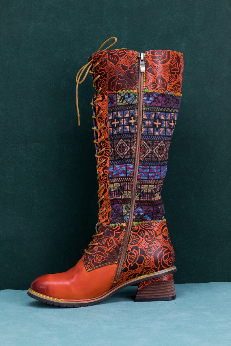 Soffia | Geometry Patchwork Embossed Leather Knee High Boot