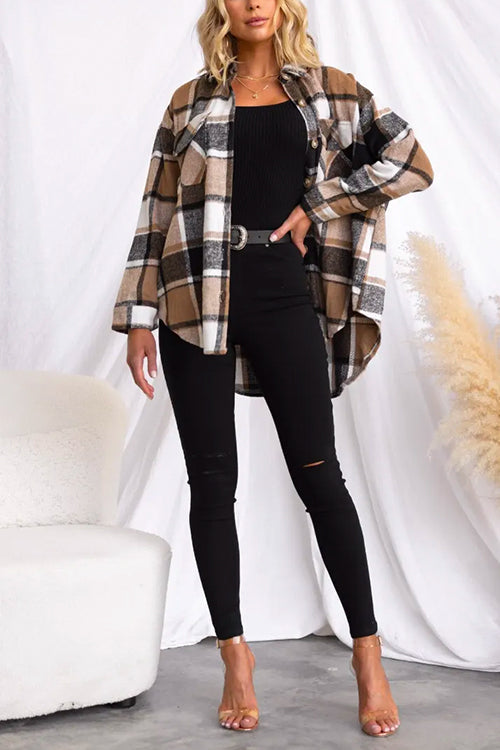 Lapel Button Down Pockets Plaid Shacket Coat