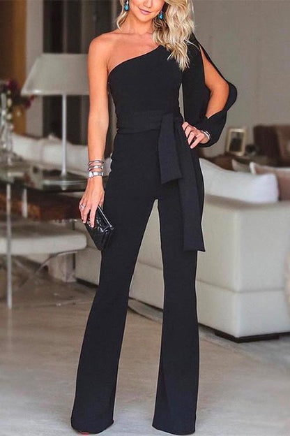 One Shoulder Slit Sleeve Tie Knot Jumpsuit(7 Colors)
