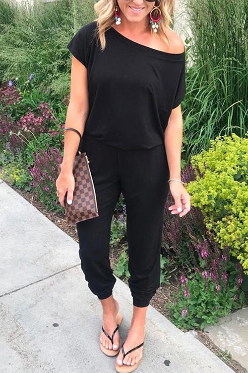 Moxidress Cold Shoulder Short Sleeves Elastic Waist Loungewear Jumpsuit