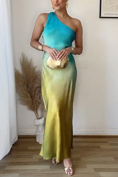 One Shoulder Back Cut Out Gradient Tie Dye Maxi Dress
