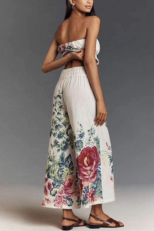 Moxidress Print Strapless Ruffle Tube Top and Smocked Waist Wide Leg Pants