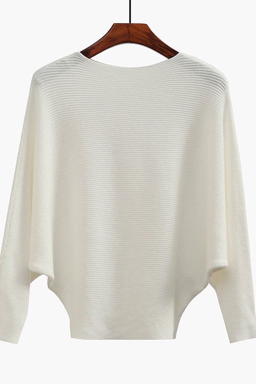 Boat Neck Batwing Sleeves Ribbed Knit Sweater