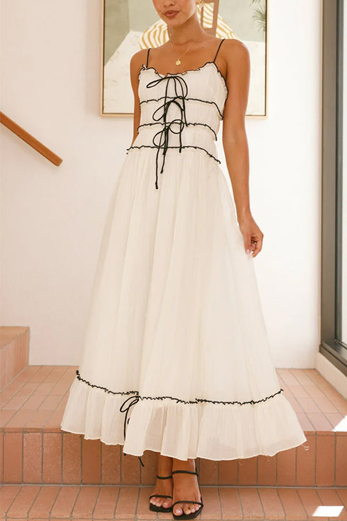 Spaghetti Strap Frill Trim Tie Bow Maxi Dress