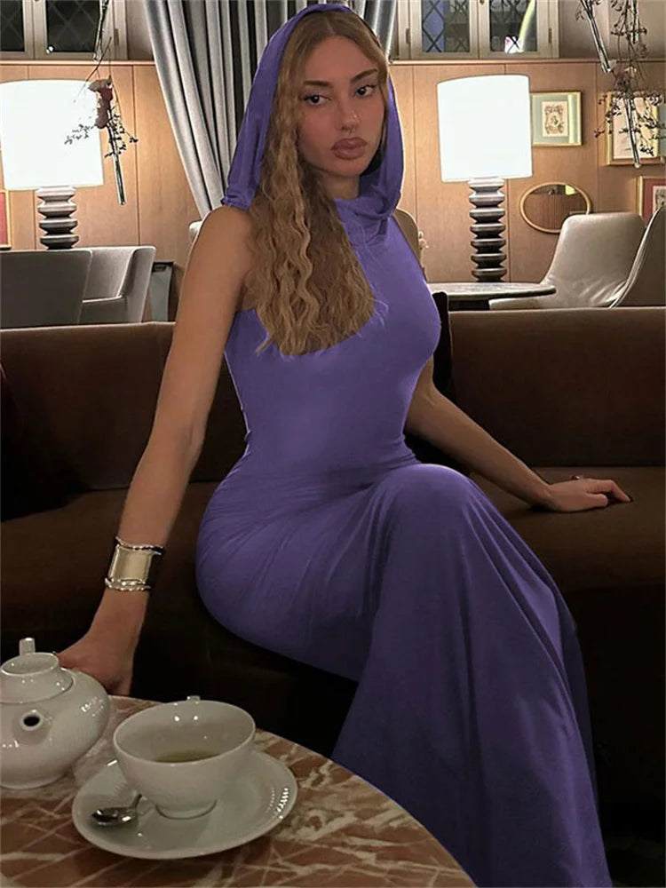 Summer Female Slim Long Dress Hoodie Split Sleeveless Maxi Dress Festival Outfits One Piece Dress