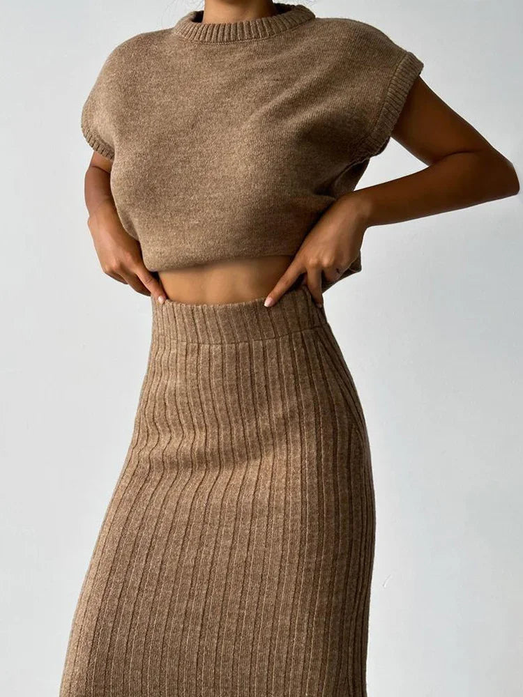 Knit Sweater 2 Piece-set Loose Ribbed Sleeveless Pullover and High Waist Long Skirt Outfits Knitwear ’s Sets