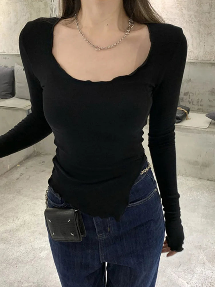 Long Sleeve T-shirts Fungus Line Irregular Hem Knitted Slender Autumn Bottoming Tees Ulzzang New