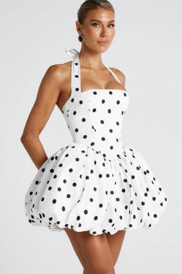Halter Tie Bow Puffy Hem Mini Dress