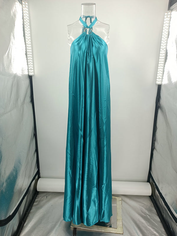 A-line Loose Backless Color Tied Halter-neck Maxi Dresses