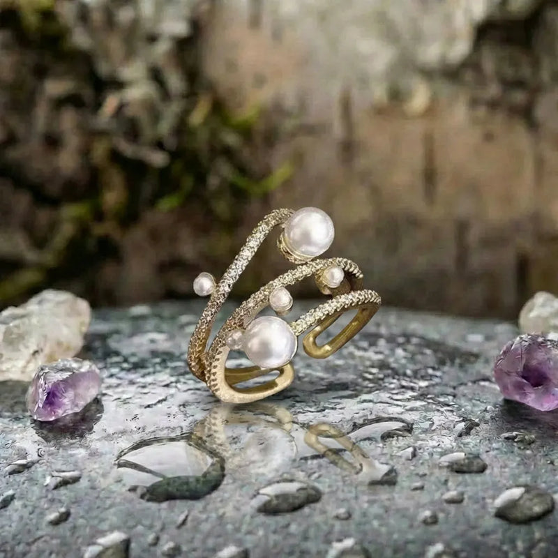 Exquisite Three Layer Pearl Gold Adjustable Ring