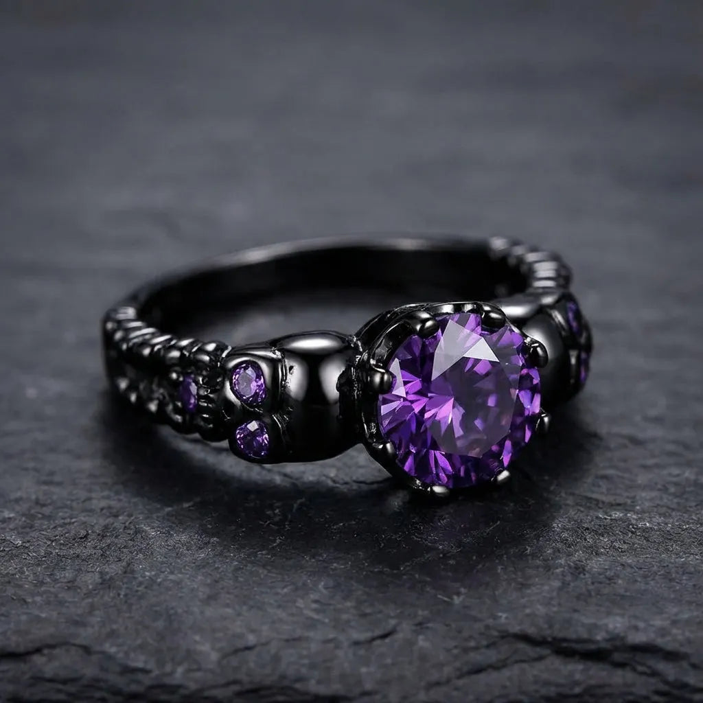 Vintage Black Round Purple Gemstone & Intricate Design Ring