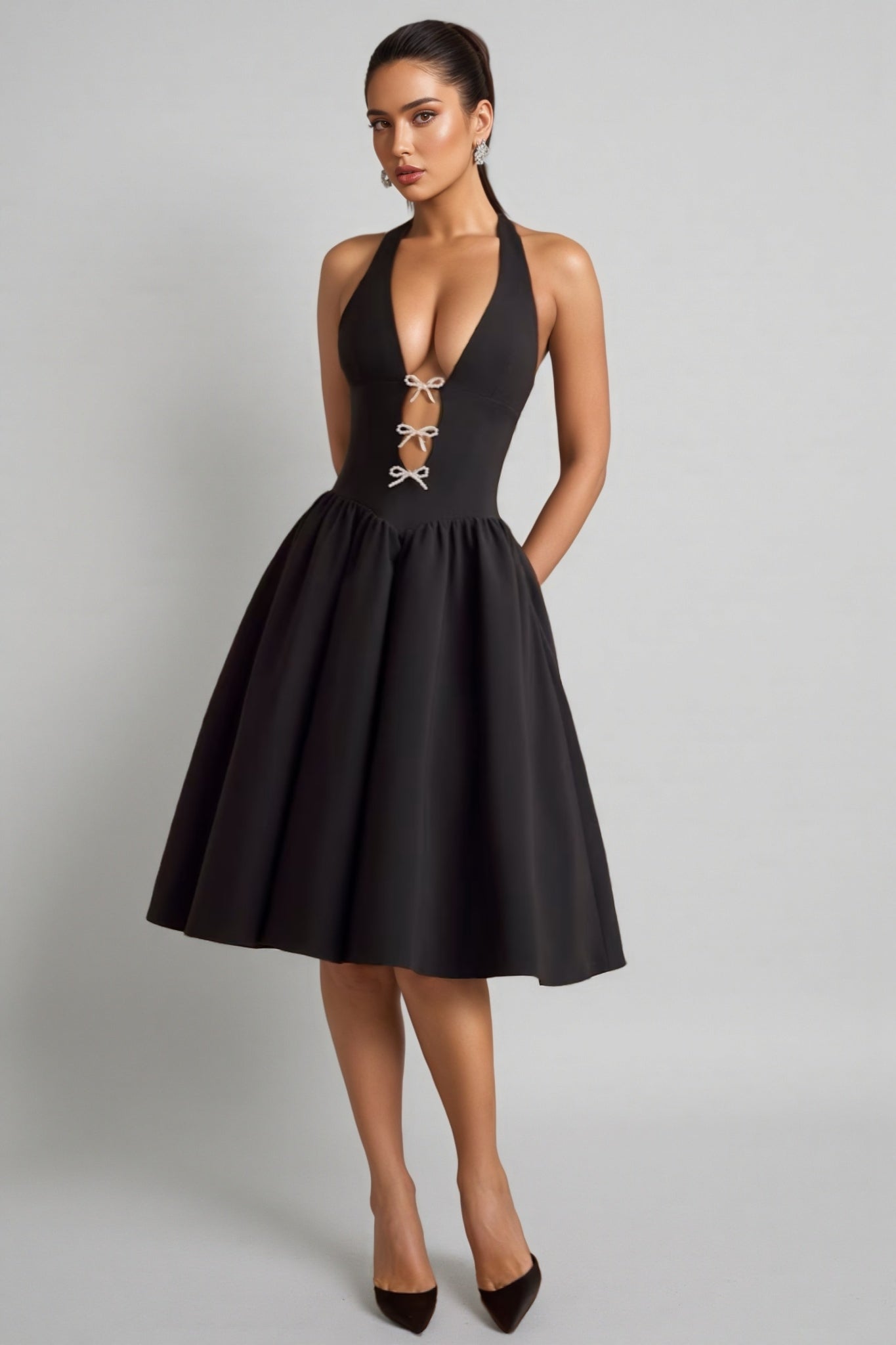 Helsa Black Halterneck Bow-detail Midi Dress