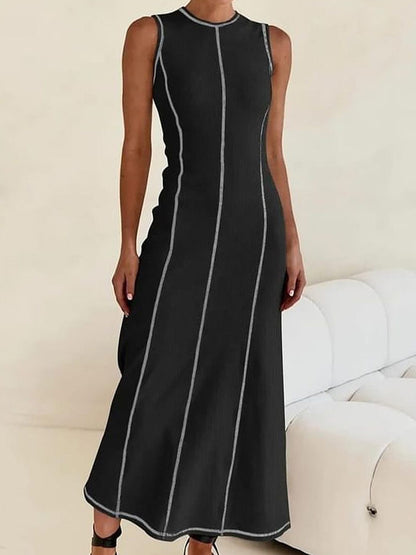 A-line Sleeveless Split-joint Striped Round-neck Maxi Dresses
