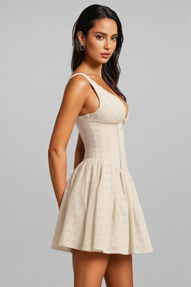 Enzof White Anglaise Bow A-line Mini Dress