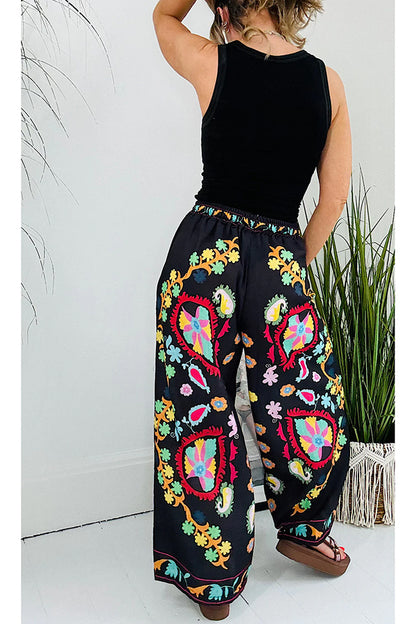 Hippie Style Unique Denim Print Elastic Waist Pocketed Wide Leg Pants