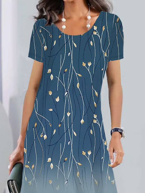 A-line Loose Flower Print Round-neck Mini Dresses
