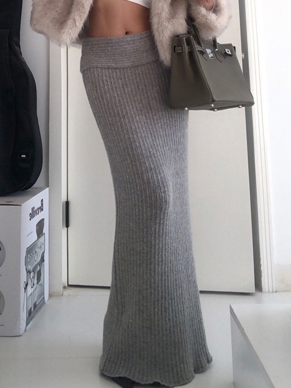 Grey Turned Waist Low Rise Maxi Skirt