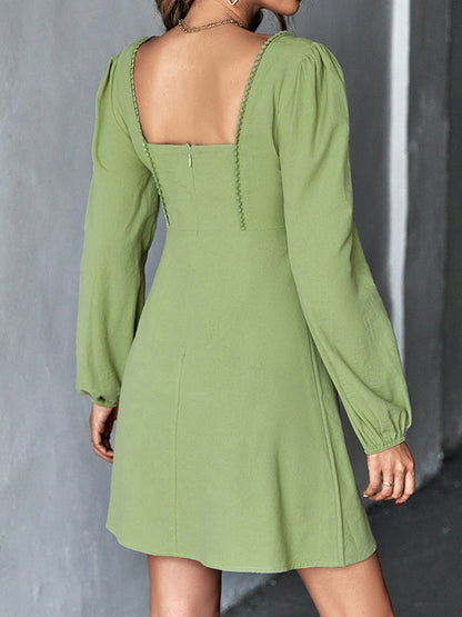 A-line High Waisted Color Split-joint Square-neck Mini Dresses