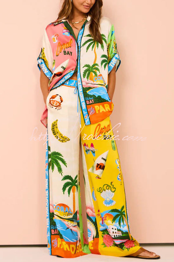 Kissed by the Sun Satin Unique Print Colorblock Button Down Oversized Blouse