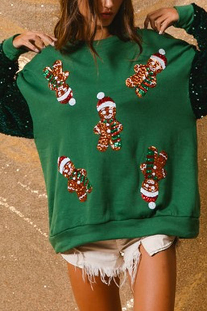 Christmas Loose Round Neck Sequined Sleeve Sweatshirt