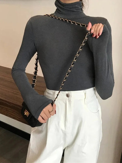 Harajuku Black White Turtleneck Female T-shirts Autumn Long Sleeve T Shirt Slim Basic Tee Top