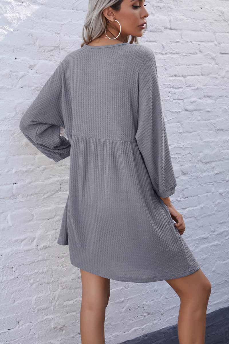 V-neck Buttoned Loose Knit Hem Mini Dresses