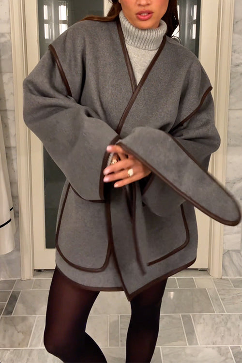 Moxidress Open Front Pocketed Splice Coat With Belt