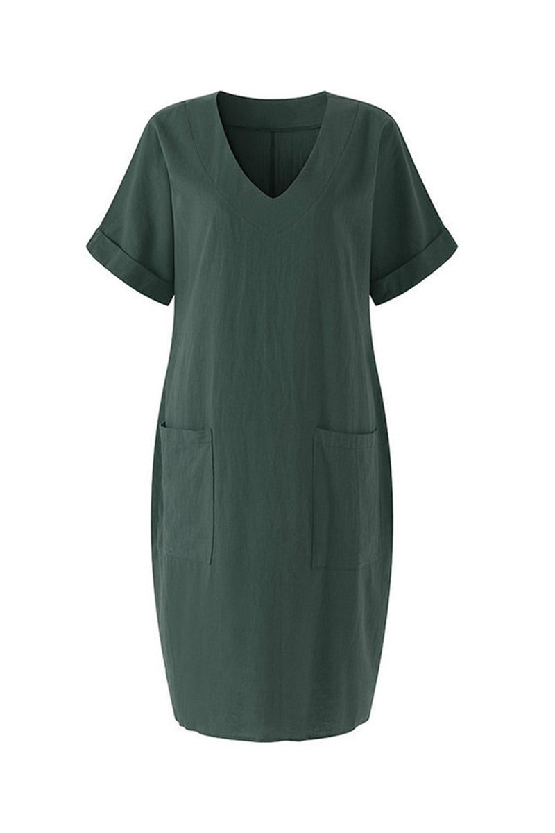 V-neck Short Sleeve Pocketed Cotton Dress
