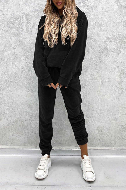 Velour Color Hoodie Long Pants Set