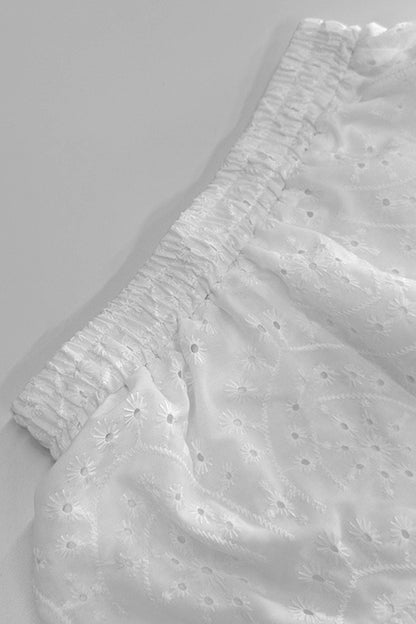 Hollow-out Jacquard Blouse Tiered Shorts Set