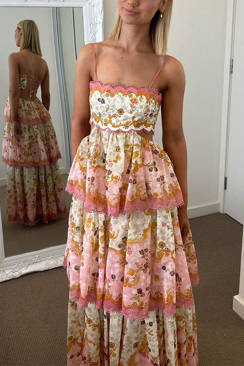 Moxidress Spaghetti Strap Back Lace-up Ruffle Layered Print Maxi Dress