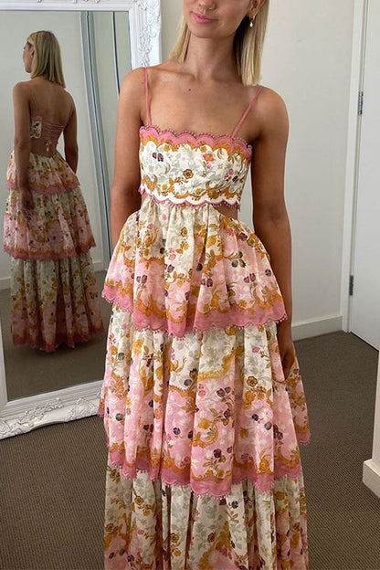 Spaghetti Strap Back Lace-up Ruffle Layered Print Maxi Dress