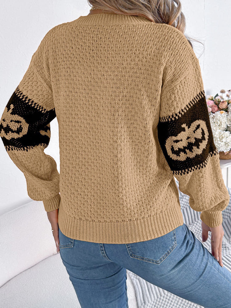 Halloween Pumpkin Head Color-block Crew Neck Knit Sweater