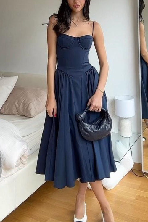 Spaghetti Strap Pocketed Corset Swing Midi Dress