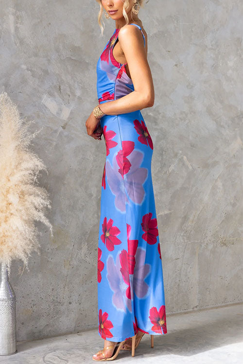 Low-cut Back Sleeveless Print Maxi Dress