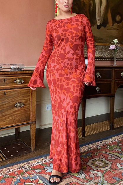 Moxidress Bell Long Sleeves Print Maxi Dress
