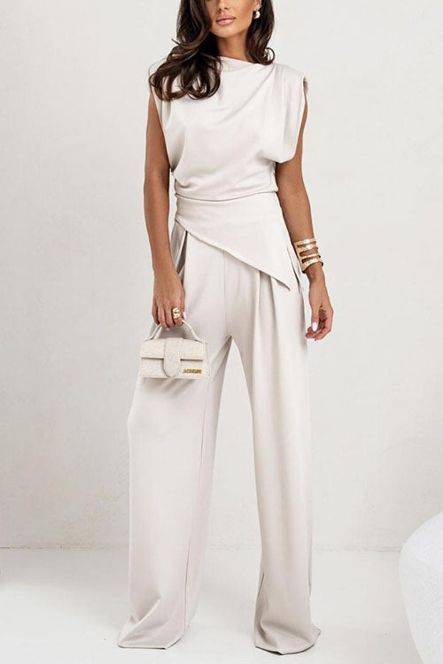 Moxidress Ruched Asymmetrical Top and Wide Leg Pants Set