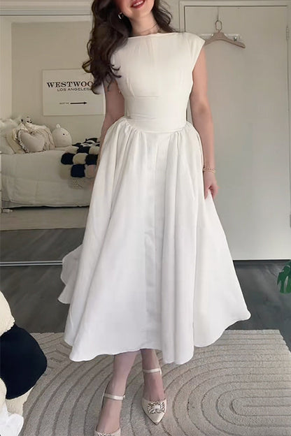 Cap Sleeves Open Back Waisted Swing Midi Dress