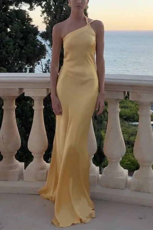 Moxidress One Shoulder Open Back Tie Knot Satin Maxi Dress