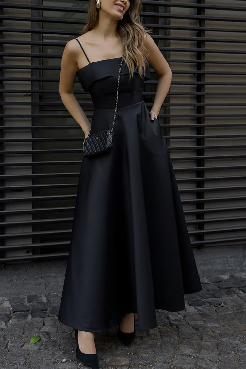 Moxidress Spaghetti Strap Waisted A-line Satin Maxi Dress