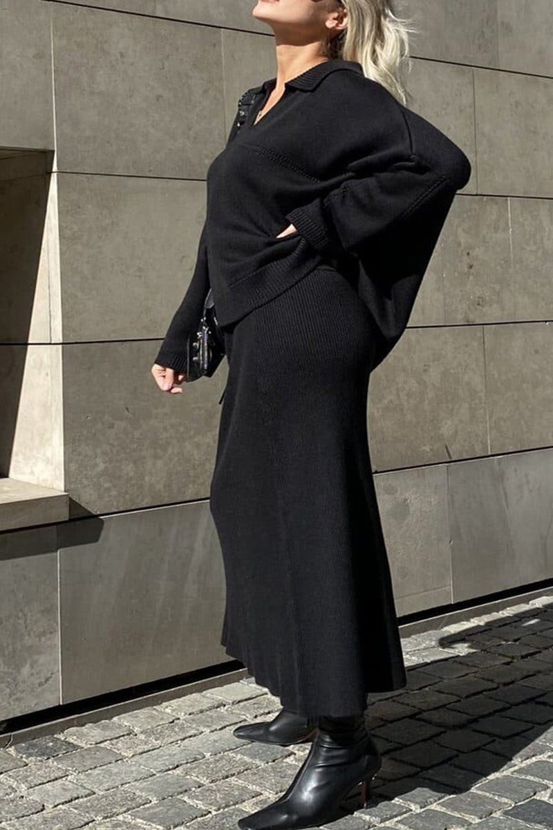 Lapel V Neck Sweater Skirt Set