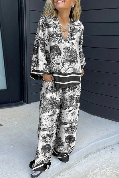 Moxidress Lapel V Neck Long Sleeves Shirt Wide Leg Pants Printed Set