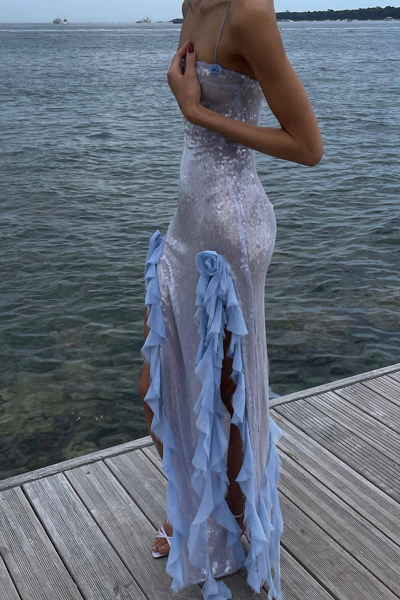 Sequin Sheer Side Slit Spaghetti Midi Dress