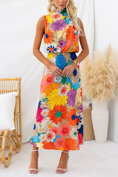 Moxidress Sleeveless Tie Neck Waisted Print Maxi Dress