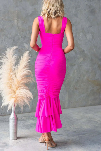 Moxidress Sleeveless Cut Out Ruched Ruffle Bodycon Maxi Dress