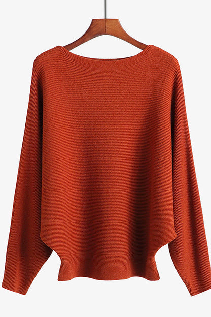 Boat Neck Batwing Sleeves Ribbed Knit Sweater