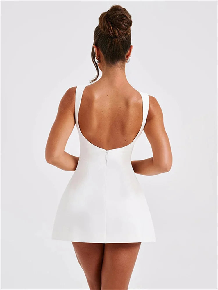 White Backless Slim Mini Dress Female Patchwork Summer Party Looks Dress Mini Dress