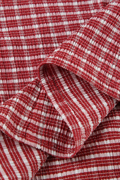 Red Plaid Polo Collar Button-down Cropped Blouse
